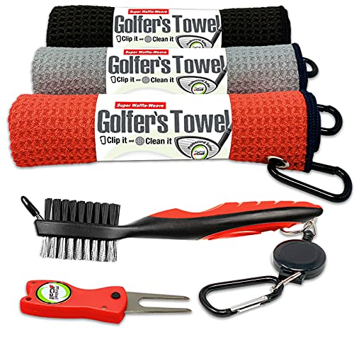 Towel Gifts and Accessories Set (Many Colors) - 3 Golf Towels, Golf Divot Tool, Ball Marker, and Golf Cleaning Brush, Golf Gifts for Men, Women, Children - color: Red
