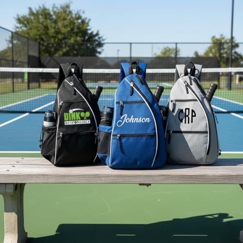 Personalized Pickleball Bag - Custom Paddle Backpack with Name or Logo, Crossbody Reversible Sling for Men & Women with Fence Hook and Water Bottle Holder - color: Blue