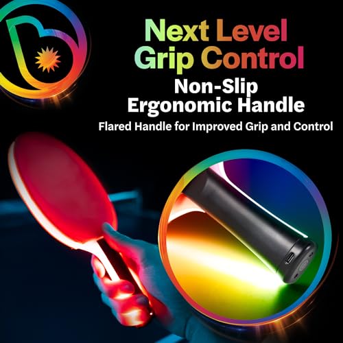 Brightz PaddleBrightz LED Ping Pong Paddle - Electrifies Your Matches! - 6 Solid Color + Color Changing Modes - Premium Sponge & Rubber for Ultimate Control & Spin - Flared Handle for Improved Grip