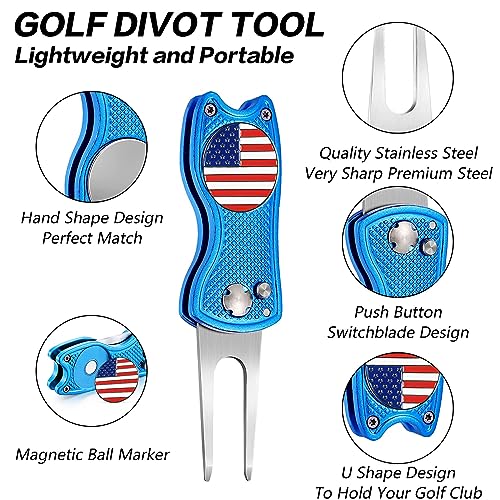 FINGER TEN Golf Divot Repair Tool and Ball Marker Switchblade Value Pack, Foldable Magnetic Stainless Steel with Pop-up Button for Men Women - color: 2 in Blue+2 Ball Marker