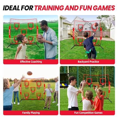 BAGAIL Football Throwing Net - 5 or 9 Target Pockets, Easy Setup, Heavy-Duty - Portable QB Accuracy Trainer, Fun Target Practice Net for Football with Carry Bag - color: Red, style: 7'x 7' - 5 Pockets