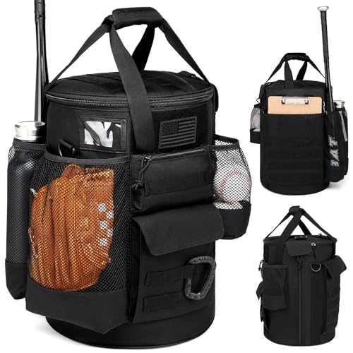 Baseball Bucket Bag Baseball Coaching Accessories Organizer Tactical Style Softball Bucket Bag with Anti-Slip Bottom, Multiple Pockets for Bat, Gloves, Scoreboards - color: Black