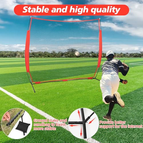 7x7ft /10x16ft /10x20ft Portable Sport Net with Handbag and 12 Ground Nails. Stable Backstop Net for Softball, Lacrosse, Soccer, Baseball. Ball Stop Equipment for Backyard Garden Training（Only Block） - size: Red 7x7 ft
