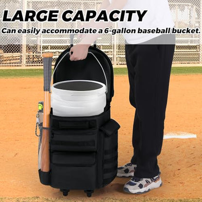 MABOZOO Baseball Bucket Bag with Wheels, Softball Bucket Bag, Baseball Coaches Organizer with Multiple Pockets for Bat, Gloves, Scoreboards and Other Accessories