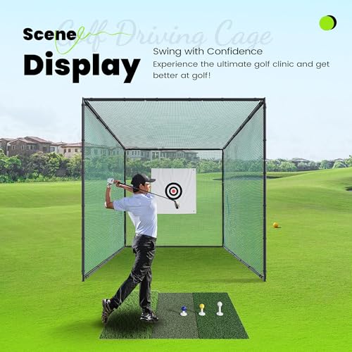 KUAFU Golf Driving Cage 10x10x10ft Golf Practice Cage Hitting Cage with Steel Frame Golf Nets Backyard for Full Swing and Chipping Practice Indoor or Outdoor, green、black, BL3100