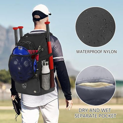 TPAID Baseball Backpack Large Capacity Softball Bag with Shoes Compartment and Fence Hook, Lightweight Baseball Equipment Bag Holds Bats, Helmets, Gloves, Hats, Clothes, Shoes - color: Black-B, size: 4 Bat Baseball