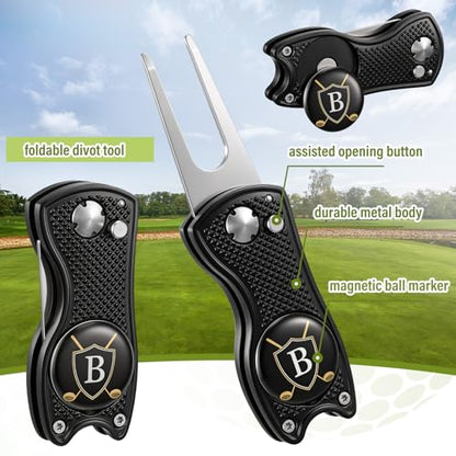 Liliful 12 Pcs Golf Accessories Kit, Include Golf Ball Bag with Hook Towel Tees Magnetic Ball Marker Divot Tool Cleaner Brush for Women Man Gifts(Initial B,Black)
