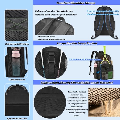 Metaverse Mesh Sports Backpack 20 Inch with Racket Holder for Men Women, Large Travel Gym Beach Backpack with Water Bottle Pockets, Breathable Comfort Shoulder Straps