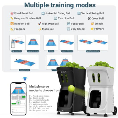 PUSUN｜PT-MAX C Flagship Tennis Ball Machine:App Control,12 Drills, Internal Oscillation,87 MPH,6-Level Spin,28-Spot,6-8H Battery, 39.6 lbs Portable, for Tennis/Padel,Training, Practice,Beginners,Pros