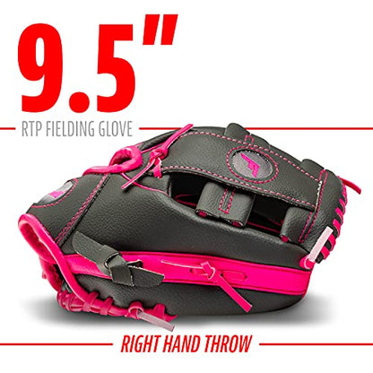 Franklin Sports Kids Baseball Gloves - RTP Youth Teeball Glove + Ball Set - Boys + Girls Teeball Mitt - 9.5" - color: Graphite/Pink