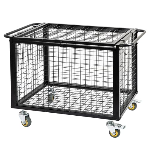Metal Basketball Rolling Cart Sports Equipment Storage Wheel Basket Matte Black Athletic Lockable Cage with Raised Handle Gym Home Garage School Court Field Football Soccer Ball Volleyball Bat