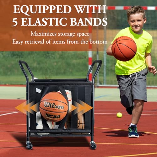 MyGift Mesh Fabric Multi Sports Ball Storage Rolling Cart with Matte Black Metal Frame, and Angled Handles, Garage, Gym or Playground Basketball, Soccer Ball Cage Equipment Basket with Caster Wheels
