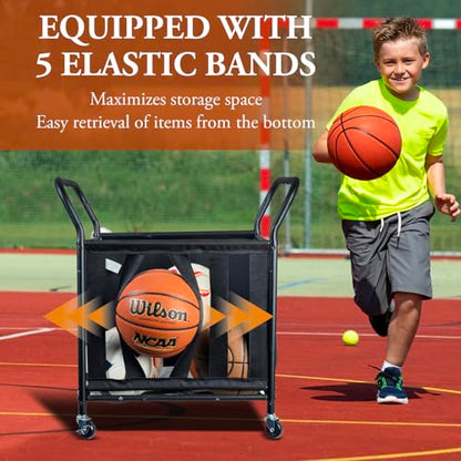 MyGift Mesh Fabric Multi Sports Ball Storage Rolling Cart with Matte Black Metal Frame, and Angled Handles, Garage, Gym or Playground Basketball, Soccer Ball Cage Equipment Basket with Caster Wheels