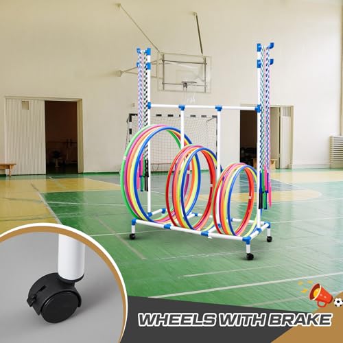 Aurelema Hoop Rope Cart Plastic Hoop Jump Rope Rack Cart with Wheels PE Equipment Rack for Elementary School Primary School Movable Garage Rolling Ball Holder Gym Sports Gear, 48 x 74 x 21.65 Inch