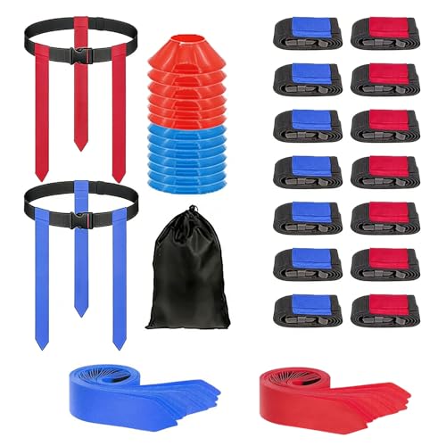 Adjustable Waist Flags for Team Games with 30 Markers and 6 Cones Perfect for Outdoor Activities Thin Football Practice - color: 14 Players