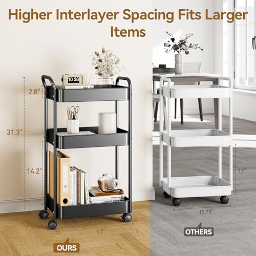 YASONIC 3-Tier Metal Rolling Cart, Sturdy Storage Utility Carts with Wheels, Multifunction Craft Art Organizer for Bedroom, Laundry, Garage, Office, Nursery, Bathroom, Easy Assembly (Black) - color: Black