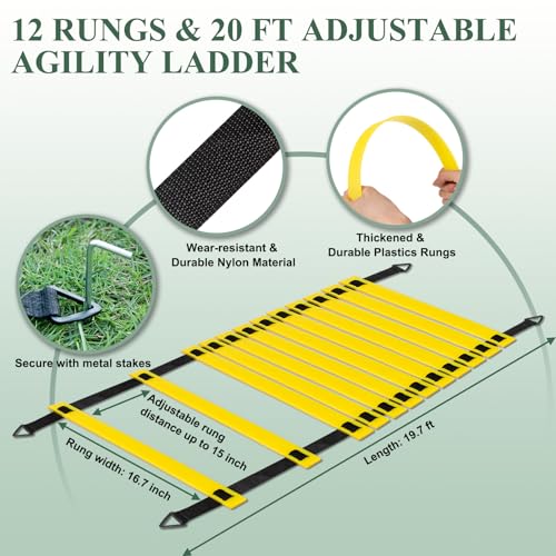 Agility Ladder, Football Training Equipment Set, 20 feet 12 Rungs Speed Ladder,50 Disc Cones,Resistance Parachute, Jump Rope, 5 Resistance Bands for Workout