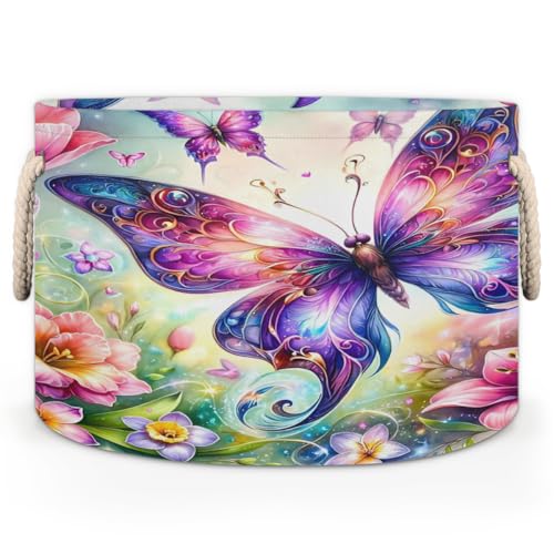 Pardick Spring Flower Butterfly Large Round Storage Basket Collapsible Circle Storage Bin Laundry Hamper With Handle for Kids Toy Blanket Clothes Towel Living Room Nursery Storage Organizer Decor - color: Print 12