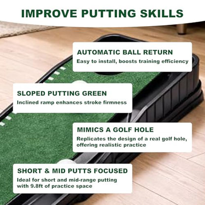 Golf Putting Mat Set with Putting Green & 4 Golf Balls – 9.8 ft Training Aid Mat with Ball Return for Indoor & Backyard Practice – Great Gift for Golfers and Beginners