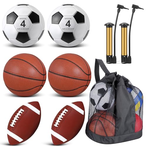 Lenwen 6 Pcs Sport Balls Set for Kids Teens, Include Official Size Basketball Football Soccer Ball with Sport Equipment Bags and Pumps Christmas Training Practice Gift Back to School - color: Retro Colors