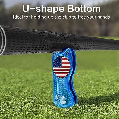 FINGER TEN Golf Divot Repair Tool and Ball Marker Switchblade Value Pack, Foldable Magnetic Stainless Steel with Pop-up Button for Men Women - color: 2 in Blue+2 Ball Marker