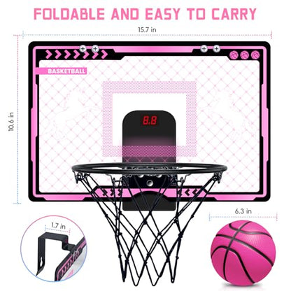 Indoor Basketball Hoop with Electronic Scoreboard and LED Light, Pink Over The Door Basketball Toy, for Kids Aged 4, 5, 6, 7, 8+Years Old