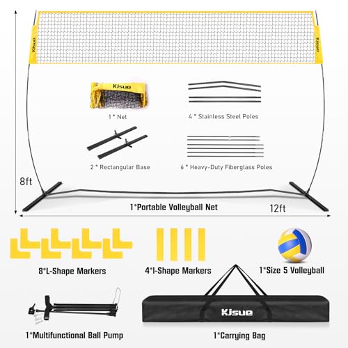 Freestanding Volleyball Net Set for Backyard - 12FT Portable Outdoor Volleyball Net Training Equipment with Soft Volleyball, Pump, Boundary Mark and Carry Bag for Park, Beach Games, Volleyball Sports