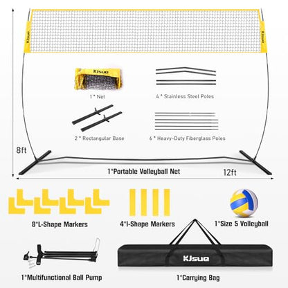 Freestanding Volleyball Net Set for Backyard - 12FT Portable Outdoor Volleyball Net Training Equipment with Soft Volleyball, Pump, Boundary Mark and Carry Bag for Park, Beach Games, Volleyball Sports
