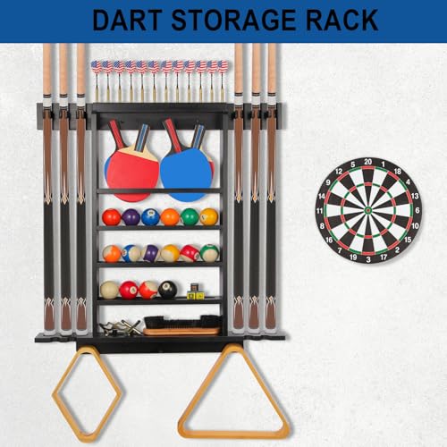 Large Pool Stick Holder Wall Mount, Billiards Pool Cue Rack Ping Pong Paddle Holder, Dart Holder 3-IN-1, Wood Pool Cue Holder Pool Table Accessories Equipment Organizer for Game Room Men Cave- Black - size: Large