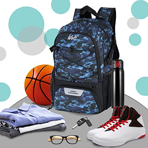 WOLT Basketball Backpack Large Sports Bag with Separate Ball Holder & Shoes Compartment, Best for Basketball, Soccer,Gym - color: Camouflage Blue