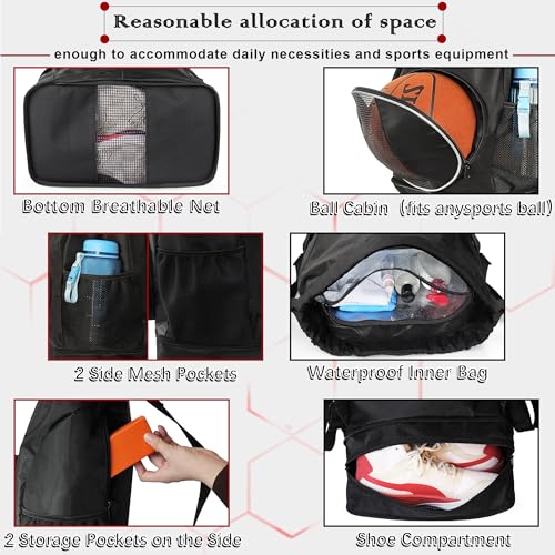 Basketball Backpack, 45 L Drawstring Sports Bag with Large Shoe Compartment and Wet Pockets for Women Men Gym Bag - color: Black-45L