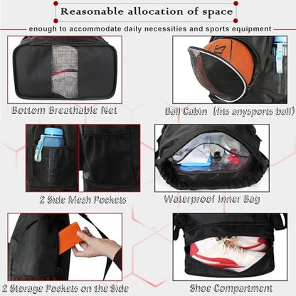 Basketball Backpack, 45 L Drawstring Sports Bag with Large Shoe Compartment and Wet Pockets for Women Men Gym Bag - color: Black-45L