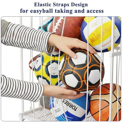 Garage Ball Storage, Wall-Mounted & Floor Ball Holder with Elastic Rope, Sports Equipment Organize Ball Rack for Basketball, Soccer, Volleyball, Football, Garage, Gym, White