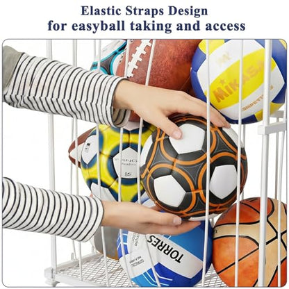 Garage Ball Storage, Wall-Mounted & Floor Ball Holder with Elastic Rope, Sports Equipment Organize Ball Rack for Basketball, Soccer, Volleyball, Football, Garage, Gym, White