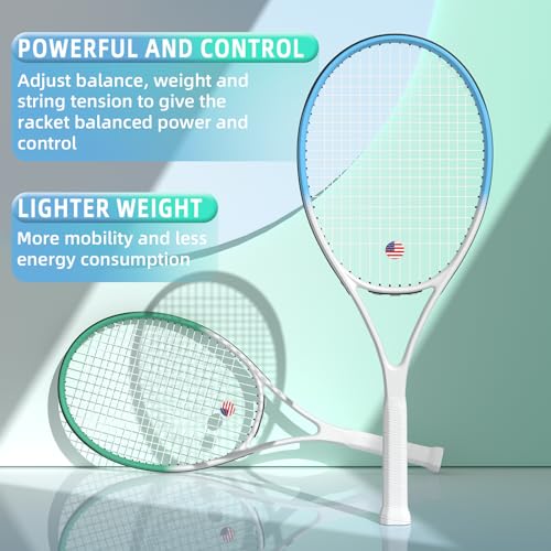 Adult 2 Player Tennis Racket Perfect for Beginner and Professional Players, 27” Speed Tennis Racquet Include Tennis Balls, Overgrips, Tennis Bag, Vibration Dampe, Cover - color: 2 Pcs White Blue Green