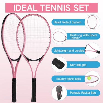 4 Pcs Tennis Rackets for Adult Recreational 4 Players 27" Tennis Racquet Lightweight Tennis Racket with 3 Tennis Balls for Training Beginners with Overgrips Carry Bag - color: Pink