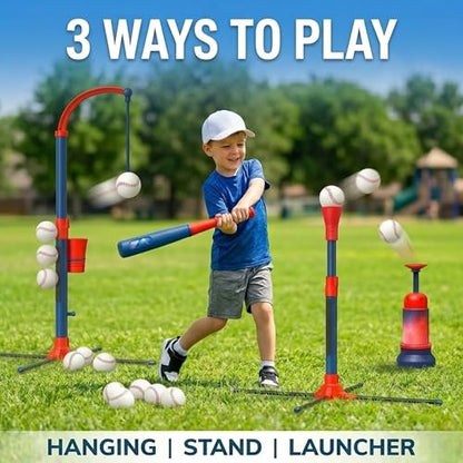 3-in-1 Baseball Set for Kids and Toddlers Ages 3-5 – Includes Tee Ball Stand, Hanging Tee, Automatic Ball Launcher, and 6 Softballs – Adjustable Height for Indoor/Outdoor Play – Sports Gift for Boys
