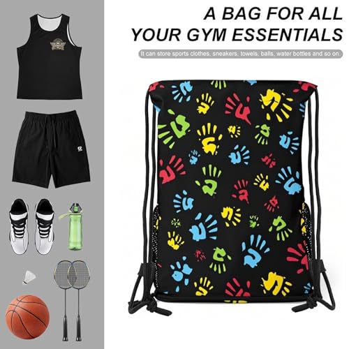 Hand Print Drawstring Backpack Gym Bag With Shoe Compartment String Bag Sport Beach Swimming Sackpack For Women Men - color: Hand Print