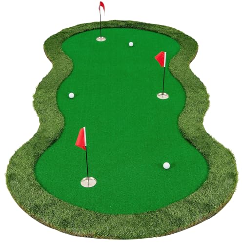 Tangkula 10 FT Golf Putting Green, Large Professional Golf Training Mat with Realistic Artificial Grass Turf, 3 Holes, 3 Flags and Cups for Indoor Outdoor Putting Practice - size: 10 FT x 5 FT, style: Waved