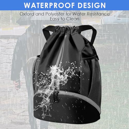 BROTOU Soccer Bags, Football Backpack, Volleyball Bag, Drawstring Backpack with Ball and Shoe Compartment, Football bags for Equipment Swim Gym Bag - color: Black