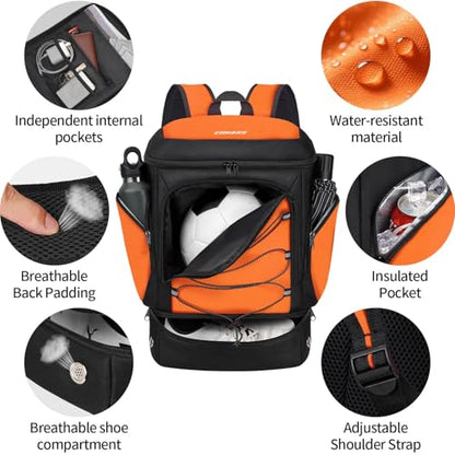 Soccer Bag - Soccer Backpack with Ball Holder,Sport Equipment Bags gifts for soccer stuff Water resistant Includes Separate Cleat Fit Basketball Volleyball Football - color: soccer bag orange