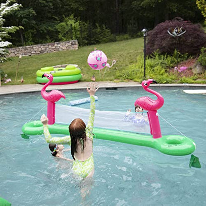 Giant Inflatable Pool Volleyball Net Set w Ball- 12 ft Long XL Size, Durable Thick PVC Material- Flamingo- Easy Inflate- Outdoor/Backyard Summer Swim BBQ Party Fun- Kids, Teens Water Float Game Toy