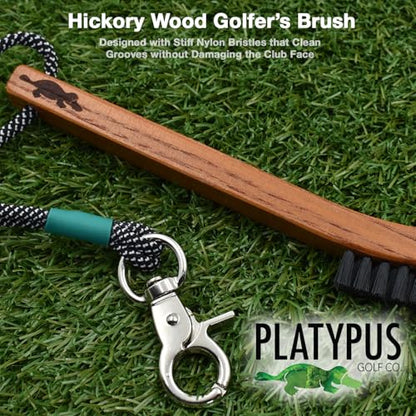Platypus Golf Co. Hickory Wood Golf Club Brush & Non-Slip Groove Cleaner with Stiff Nylon Bristles, Paracord Rope & Stainless Steel Metal Clip, for Cleaning Grooves on Clubs, Fits Any Golfer's Bag