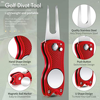 Skylety 4 Pcs Golf Divot Repair Tool Metal Foldable Golf Divot Tool with Magnetic Pop-up Button Ball Marker Stainless Steel Switchblade for Golfers Prizes - color: Red, Silver