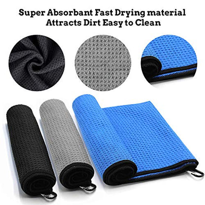 Golf Towel Microfiber Waffle Pattern Golf Towel | Brush Tool Kit with Club Groove Cleaner | Golf Divot Tool | Golf Accessories for Men - color: Blue