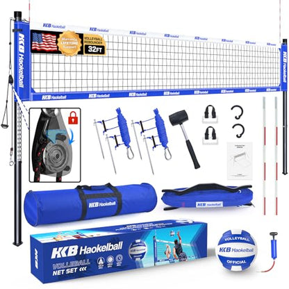 Haokelball Outdoor Portable Heavy Duty Volleyball Net Set for Backyard with Adjustable Height Poles, Anti-Sag System, Volleyball, Pump, Boundary Line, Carry Bag & Gift Box
