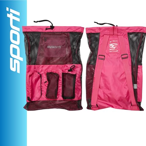 Sporti Swimming Equipment Bag Zipper Pocket, Mesh Drawstring Backpack, Drawstring Bags, Big Mesh Backpack for Workout Gear - color: Equipment - Pink, style: 4. Two Shoulders & Pockets