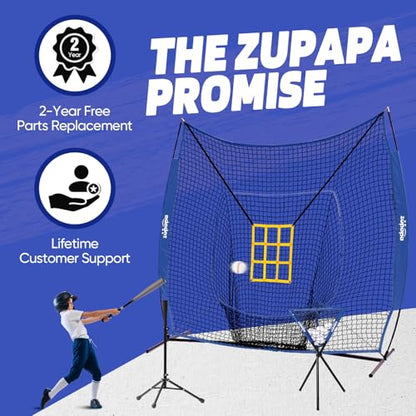 Zupapa 7x7 Feet Baseball Softball Hitting Pitching Net Tee Caddy Set with Strike Zone, Baseball Backstop Practice Net for Pitching Batting Catching for All Skill Levels - color: Blue