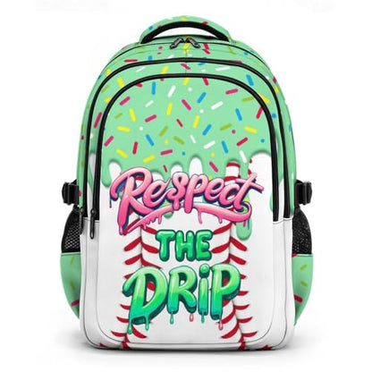 Backpack for School Baseball Drip Backpack for Boys Girls, Green Durable Aesthetic Bookbag for Club Home Camp Hiking Teams - color: Green