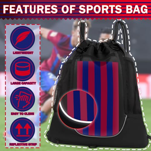 KAEGREEL Drawstring Soccer Bag Basketball Backpack for Kids Teens, Foldable Sports Bags Detachable Ball Mesh Bag for Gym Yoga Football Baseball - color: Black with Red & Blue Stripes